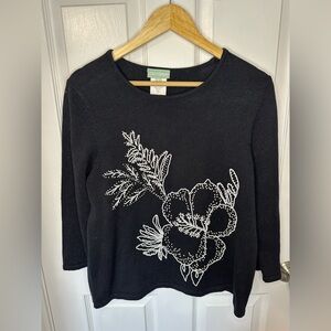 Vintage 220 Hickory Womens Sweater Beaded Floral Design Black 3/4 Sleeve Sz M